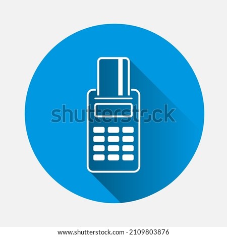 Vector icon POS terminal credit card icon on blue background. Flat image with long shadow.