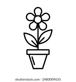 Icono de Vector de una flor en maceta, ideal para jardinería o temas de decoración del hogar. Diseño sencillo en blanco y negro. Trazo editable.
