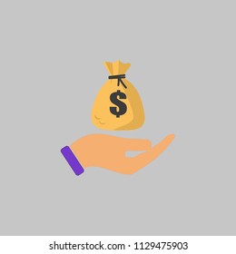 Vector icon of a pouch with dolars in hand on a gray background. Vector illustration. Flat design for business financial marketing banking advertisement web concept cartoon illustration