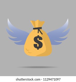 Vector icon of a pouch with dolars and wings on a gray background. Vector illustration. Flat design for business financial marketing banking advertisement web concept cartoon illustration
