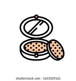 Vector icon powder in round box with sponge in flat style with black stroke, pink fill and circles texture