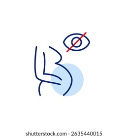 Vector icon of pregnant woman with crossed-out eye, symbolizing private pregnancy, hidden maternity status, or confidential health information. Ideal for healthcare apps, maternity platforms, and priv