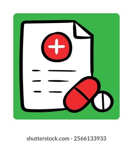 Vector icon for prescription management. Hand-drawn illustration of a prescription document and pills for medication tracking.