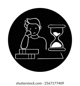 Vector icon for procrastination. Hand-drawn illustration of a person with a timer and books, symbolizing delayed tasks and lack of focus.