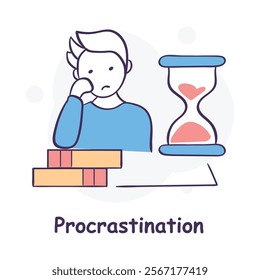 Vector icon for procrastination. Hand-drawn illustration of a person with a timer and books, symbolizing delayed tasks and lack of focus.