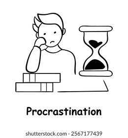 Vector icon for procrastination. Hand-drawn illustration of a person with a timer and books, symbolizing delayed tasks and lack of focus.