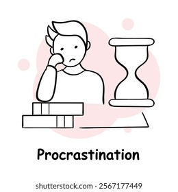 Vector icon for procrastination. Hand-drawn illustration of a person with a timer and books, symbolizing delayed tasks and lack of focus.