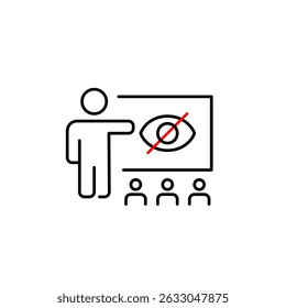 Vector icon of professor at blackboard pointing at crossed-out eye with audience, symbolizing hidden knowledge, confidential teaching, or private lessons. Ideal for education apps, training platforms,