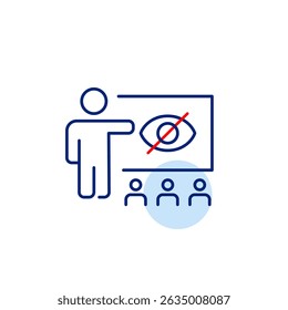Vector icon of professor at blackboard pointing at crossed-out eye with audience, symbolizing hidden knowledge, confidential teaching, or private lessons. Ideal for education apps, training platforms 