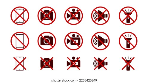 vector icon prohibited from using cellphones, no taking pictures, prohibited from recording, prohibited from making noise, prohibited from turning on flashlights. prohibition sign symbol