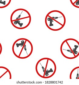 Vektorsymbol verboten Bohren. Kein Bohrsymbol nahtloses Muster auf weißem Hintergrund.