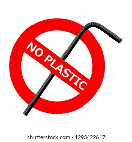 Vector Icon prohibitive sign of environmental themes. On the red warning sign, the crossed-out plastic tube and the text: NO PLASTIC.