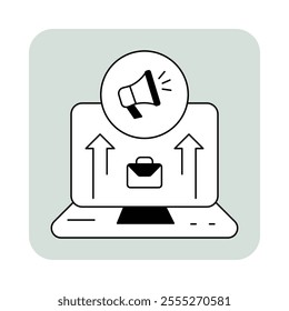  Vector icon for promotion. Black and white outline icon featuring a laptop with upward arrows and a megaphone, symbolizing career advancement and marketing campaigns.
