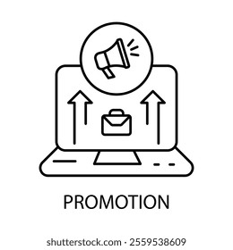  Vector icon for promotion. Black and white outline icon featuring a laptop with upward arrows and a megaphone, symbolizing career advancement and marketing campaigns.