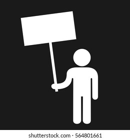 Vector icon of protester, demonstrator on demonstration or protest. Person is holding big banner because of dissatisfaction. Manifestation, political activism and struggle.