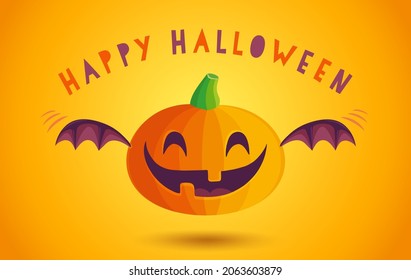 Vector icon of pumpkin with bat wings in kawaii style for Halloween. Cute pumkin in manga style.