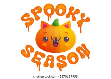 Vector icon of pumpkin like a cat in kawaii style. Cute pumkin cat in manga style. Spooky season typography. 