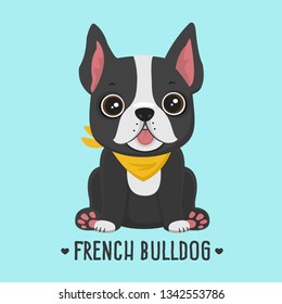 Vector Icon Puppy Dog ​​breed French Bulldog. Pet Black Color In A Yellow Scarf. Illustration Of A Frenchie Bulldog Dog In Flat Minimalism Line Style.