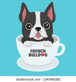 Vector Icon Puppy Dog ​​breed French Bulldog. Pet Dog Black Sits In A White Cup. Illustration Of A Frenchie Bulldog Dog In Flat Minimalism Line Style.
