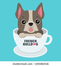 Vector icon puppy dog ​​breed French Bulldog. Pet beige dog sitting in a white cup. Illustration of a frenchie  bulldog dog in flat minimalism line style.