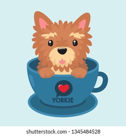 Vector icon puppy dog ​​breed Yorkshire terrier. Pet beige yorkie dog sitting in a blue cup. Yorkshire terrier dog illustration in flat minimalism line style.