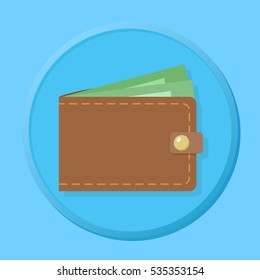 Vector icon with a purse and money in flat style. Round sign with cash and dollars on a blue background