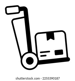 Icono vector del carrito de transporte, diseño vectorial del carrito de equipaje con paquete