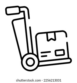 Icono vector del carrito de transporte, diseño vectorial del carrito de equipaje con paquete