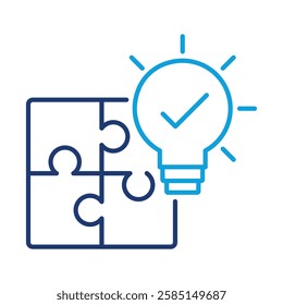 Vector icon of a Puzzle Piece with a Lightbulb. This icon shows a puzzle piece and lightbulb, representing the process of analyzing and solving complex challenges.