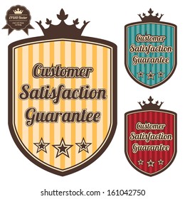 Vector : Icon Quality Assurance and Quality Management Concept Present By Colorful Vintage Style Icon or Shield With Customer Satisfaction Guarantee and Crown Sign Isolated on White Background