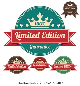 Vector : Icon Quality Assurance and Quality Management Concept Present By Circle Colorful Vintage Style Icon With Limited Edition Guarantee and 100 Percent Crown Sign Isolated on White Background 
