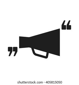 Vector icon with quote and megaphone. Black mark and bullhorn symbol. Feedback form template. Business dialog pictogram. Isolated comma design. 