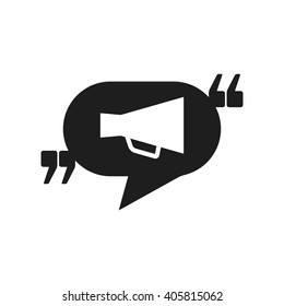 Vector icon with quote, speech balloon and megaphone. Black mark and bullhorn symbol. Feedback form template. Business dialog pictogram. Isolated comma design. 