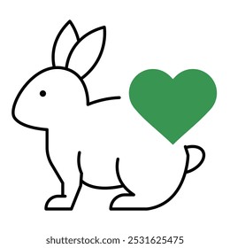 Vector icon of a rabbit with a green heart symbolizing cruelty-free. Black rabbit with green heart. Cute rabbit with heart icon. 