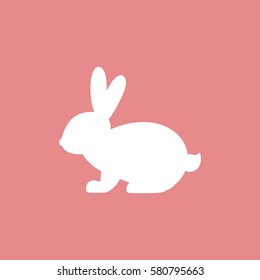 Vector icon with rabbit. White rabbit on pink background. Easter bunny. Flat design.