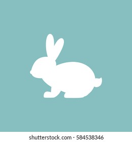 Vector icon with rabbit. White rabbit on blue  background. Easter bunny. Flat design.
