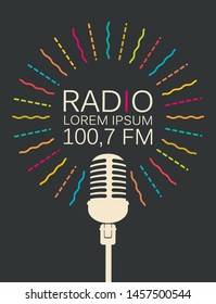 Vector icon for radio station with microphone and place for text in retro style. Radio broadcasting concept, flat design of classic dynamic mic. Suitable for banner, ad, poster, flyer, logo