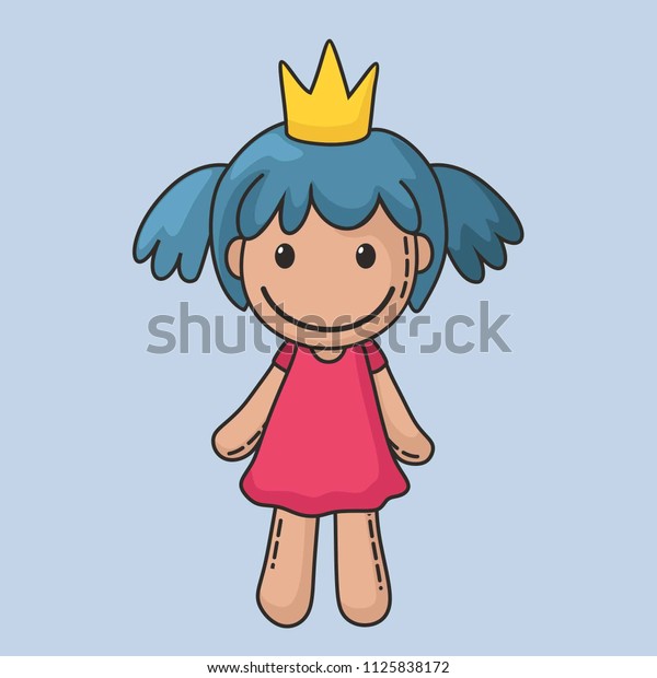 Vector icon of a rag doll princess. The kids toy doll\
has blue hair, a crown and a pink dress. Illustration cartoon doll\
toy