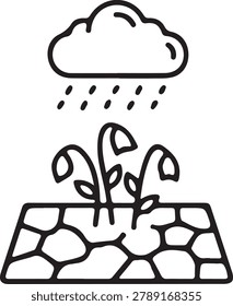 Vector icon of rain falling on wilted flowers and cracked, dry earth, illustrating drought and the need for water.