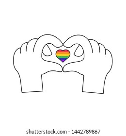 Vector icon of rainbow heart in hands, LGBT community sign. Pride symbol