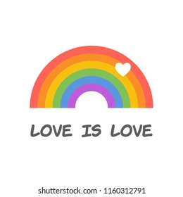 Vector icon of rainbow with heart shape reflection isolated on white, lgbt community sign. Text "Love is love".