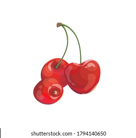 Vector icon of realistic sweet cherry. Sweet red cherry berries on a branch isolated on white background. Cherry icon element for logo product , emblems, cover.