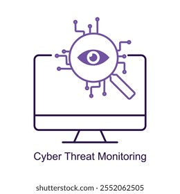 Ícone de vetor para monitoramento cibernético em tempo real. Apresenta uma vigilância ativa das redes digitais contra ciberameaças.