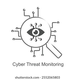 Ícone de vetor para monitoramento cibernético em tempo real. Apresenta uma vigilância ativa das redes digitais contra ciberameaças.
