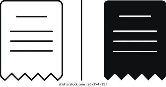 Vector Icon of a Receipt or Bill with Serrated Edge, in Outline and Solid Fill Styles.


