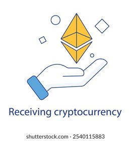 Ícone de vetor para Criptografia de Recebimento. Exibe uma mão segurando moeda digital, representando transações criptográficas e pagamentos virtuais.
