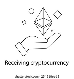 Icono de Vector para recibir criptomonedas. Muestra una mano que sostiene la moneda digital, que representa transacciones criptográficas y pagos virtuales.