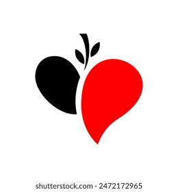 vector icon, red and black heart symbol and leaves on it.