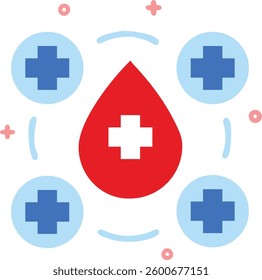 Vector, icon of red blood drop with medical cross and blue symbols