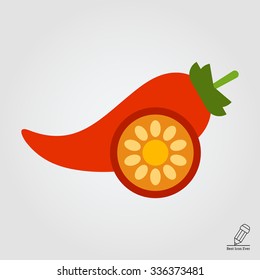 Vector icon of red chili pepper pod and cut pepper half